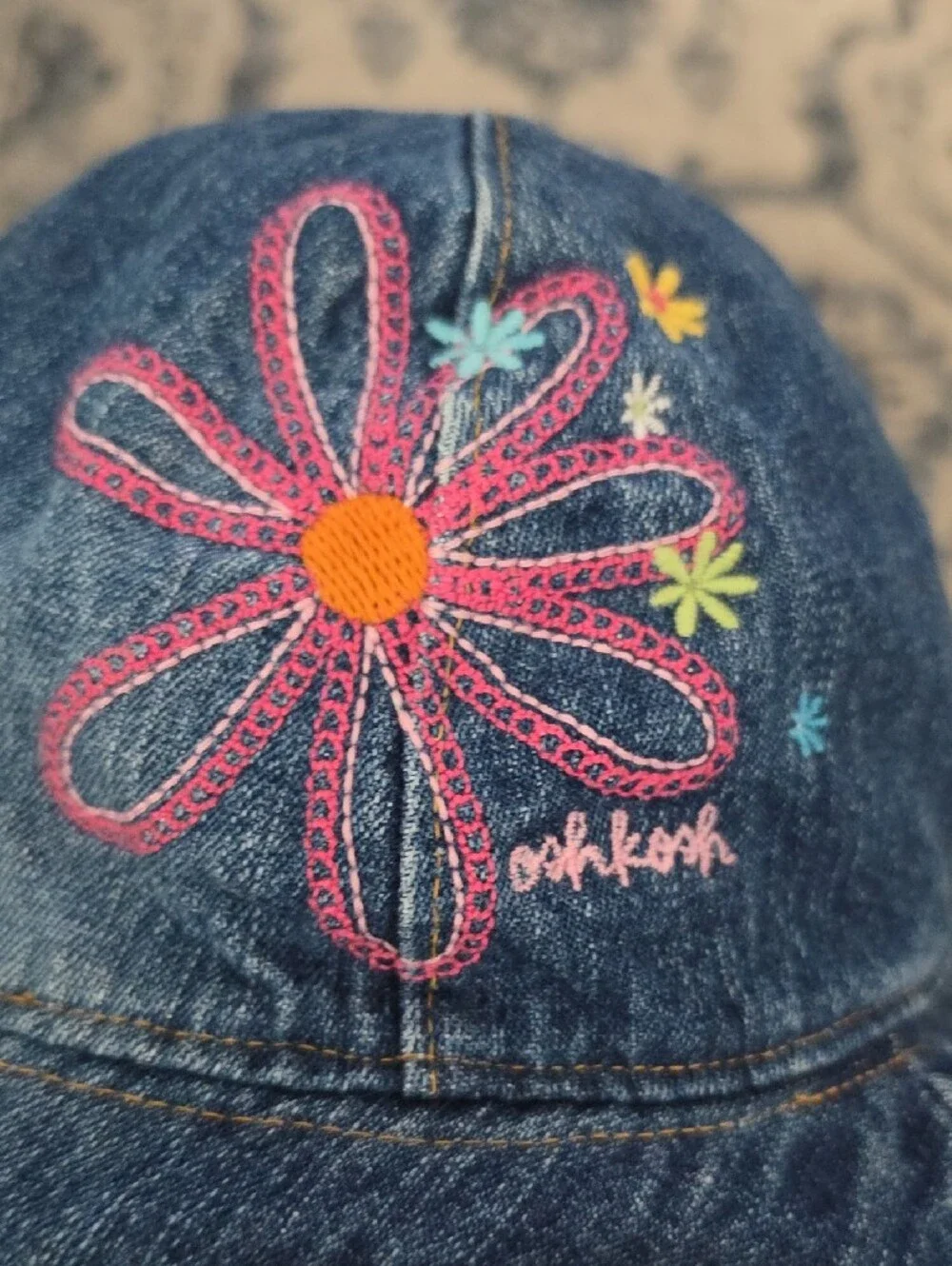 Vintage OshKosh B'gosh Denim Embroidered Floral Bucket Hat Sz 2T - 4T Y2K